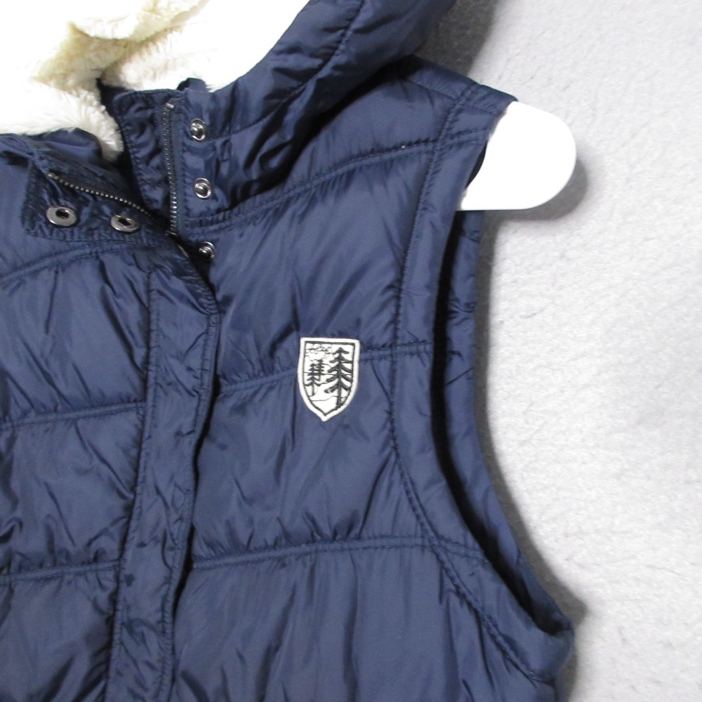 American Eagle Puffer Vest Women Medium Blue Y2K Faux Fur Hood Patch Zip Nylon - Picture 8 of 13
